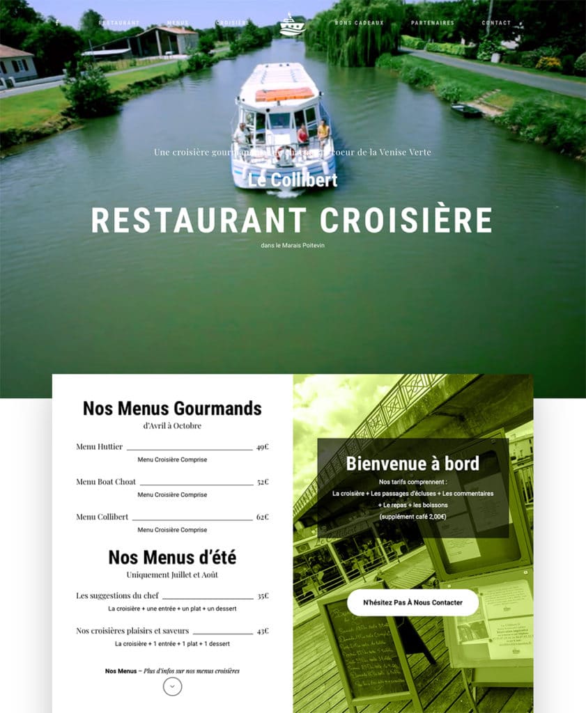 Création site internet Restaurant Croisière Le Collibert - Croisière gourmande au coeur du Marais Poitevin sur la Venise Verte.